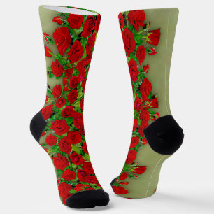 Calcetines Jardín de Rosas Rojas Vibrantes Patrón Floral