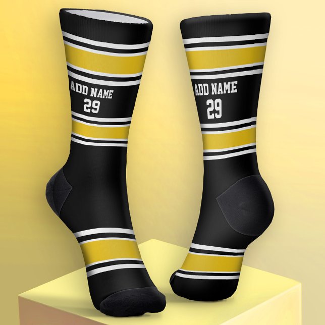 Calcetines Jersey deportivo negro y amarillo dorado - Número  (Custom Sport Socks - Add Jersey Name and Number)