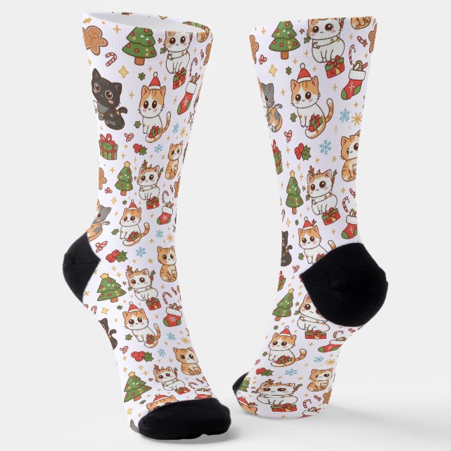 Calcetines Kawaii Christmas Cats Holiday Pattern Crew Socks (Angular)