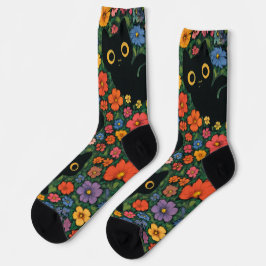 Calcetines Kawaii Garden Art | Cute Black Cat Floral Pattern