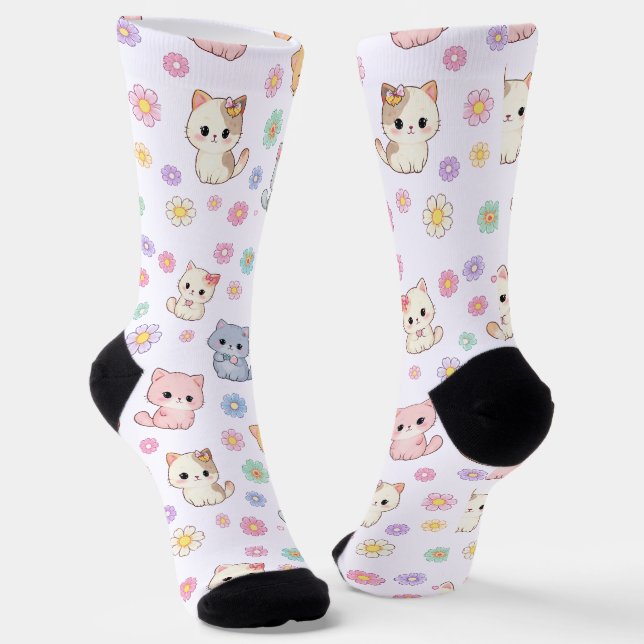 Calcetines Kawaii Pastel Kittens and Flowers  (Angular)