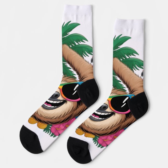 Calcetines Kawaii Tropical Sloth – Cute Summer Vibes Rainbow  (Izquierda)