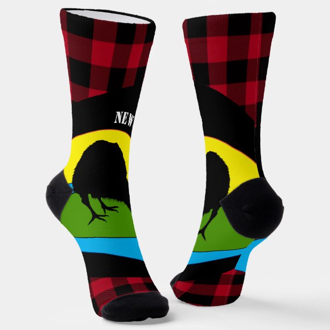 Calcetines Kiwi Bird Navidades Nueva Zelanda, Buffalo Plaid (Angular)