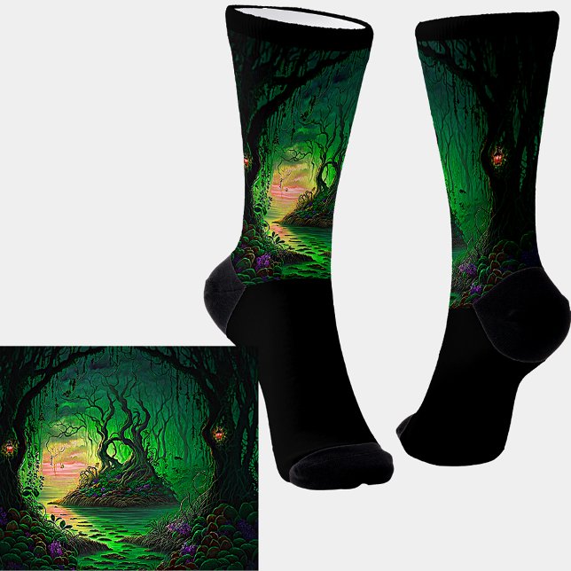 Calcetines La escena del Jardín de la fantasía verde en negro (Subido por el creador)