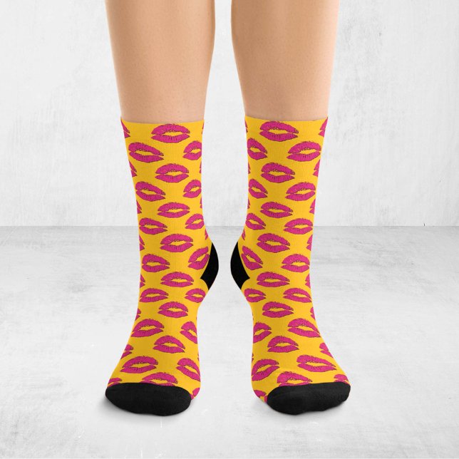 Calcetines Labios Besándose de Arte Pop Amarillo y Rosa Fuert (Subido por el creador)