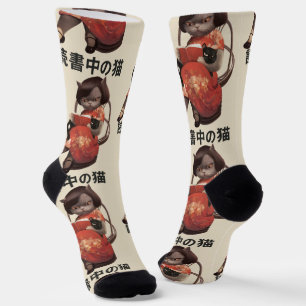 Calcetines Lectura de gato en Cheongsam - Arte Kanji de Anime