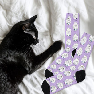 Calcetines Libro divertido de gato blanco leyendo humor púrpu