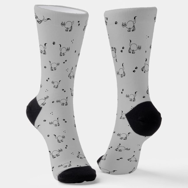 Calcetines Light Charcoal Cat Line Art Pattern Socks (Angular)