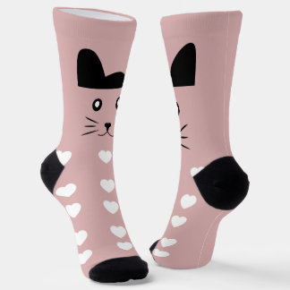 Calcetines Lindo Gatito Rosa Cara Corazones Blancos Kawaii An
