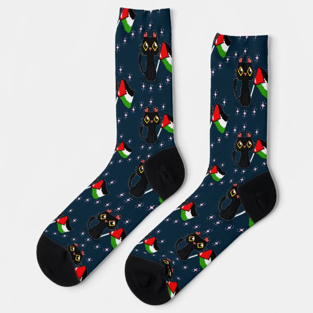 Calcetines lindo gato negro sostiene bandera palestina (Izquierda)