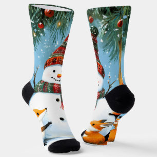 Calcetines Lindo hombre de nieve del bosque invernal y zorros