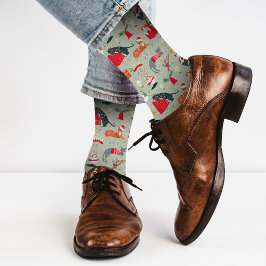 Calcetines lindo patrón retro de gato verde de Navidad