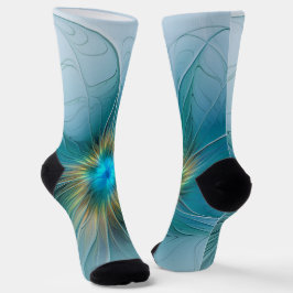 Calcetines Little Beauty Modern Blue Gold Fractal Art Flower