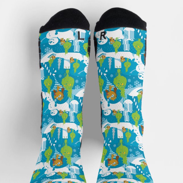 Calcetines Little Grinch | Patrón Verde azulado de Feliz Grin (Arriba)