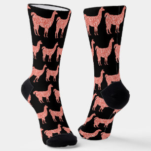 Calcetines Llama coral rosa brillo Purpurina patrón negro