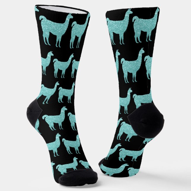 Calcetines Llama Turquoise Light Sparkles patrón negro (Angular)