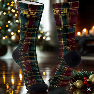 Calcetines Lujosa Plaid de Navidad Verde y Burgundy Personali