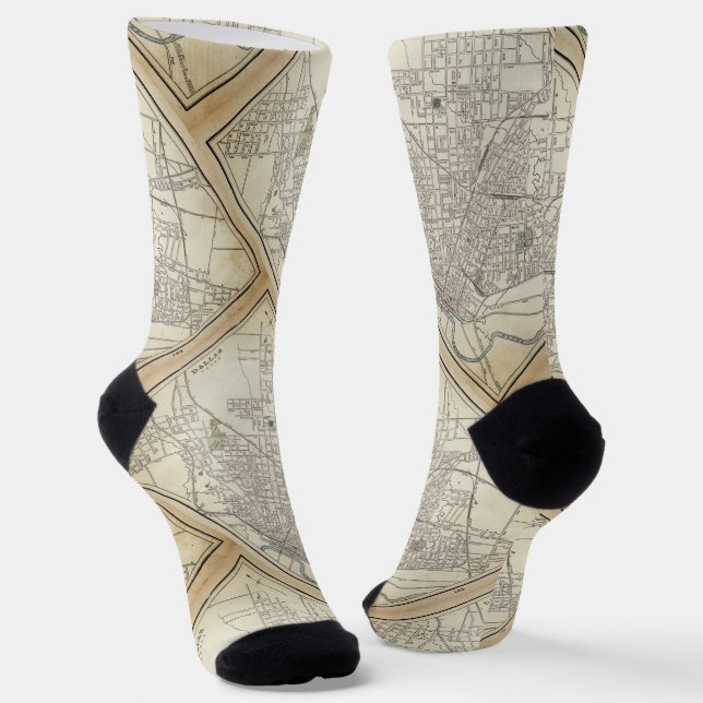 Calcetines Mapa antiguo de Dallas, TX (1890) (Angular)