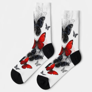 Calcetines Mariposas Morpho voladoras negras y rojas