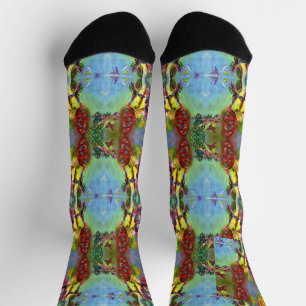 CALCETINES MARIPOSAS ROJAS SOBRE CARDOS AMARILLOS, CIELO AZUL