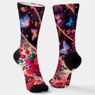 Calcetines Mariposas, Sueños Florales y Elegancia Dorada