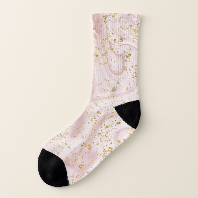 Calcetines Mármol blanco rosa remolino brillo dorado (Parte exterior derecha)