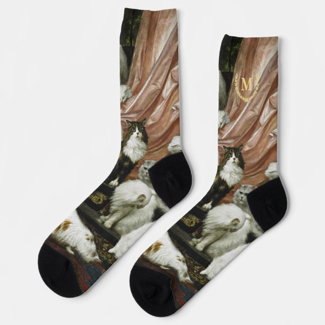 Calcetines Mascota Gatos Gatitos Vintage Arte Animal Monogram (Izquierda)