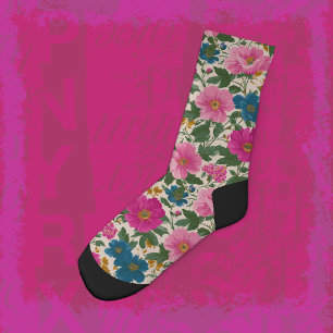 Calcetines Medias Crew Floral Rosa y Azul Intenso sobre Crema