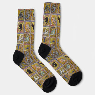 CALCETINES MEDIEVAL BESTIARY, FANTASTIC ANIMALS,GOLD RED BLUE