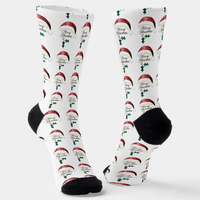 Calcetines Merry Christmas Santa hat Red Gold Green Sparkles (Angular)