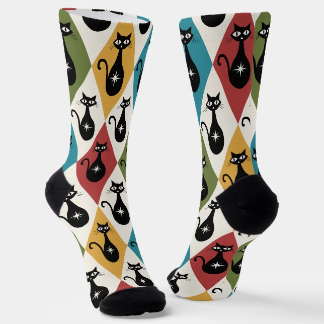 Calcetines Mid Century Atomic cats on Harlequin diamonds  (Angular)