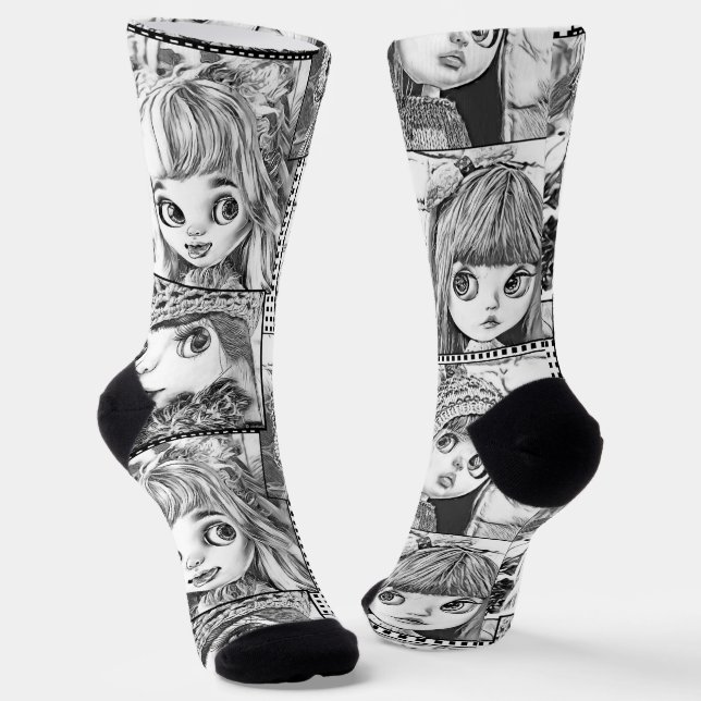 Calcetines Mis muñecas favoritas de patchwork en blanco y neg (Angular)