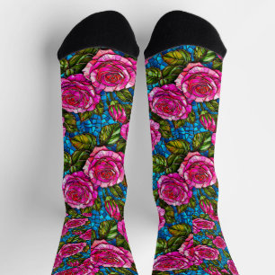 Calcetines Moda Floral Femenina Arte en Mosaico Rosas Rosadas