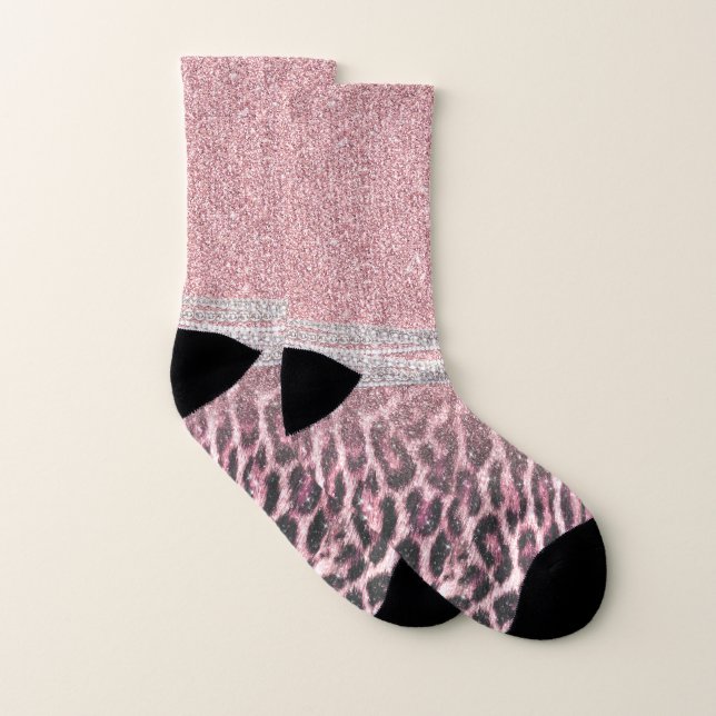 Calcetines Moda Girly Pink Leopard Purpurina de impresión ani (Par)