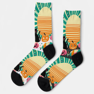 Calcetines Modern Retro Wave Halloween Collage Black Cat Bats