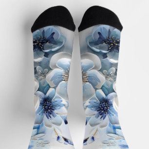 Calcetines Moderno Botánico Floral Azul Blanco Elegante