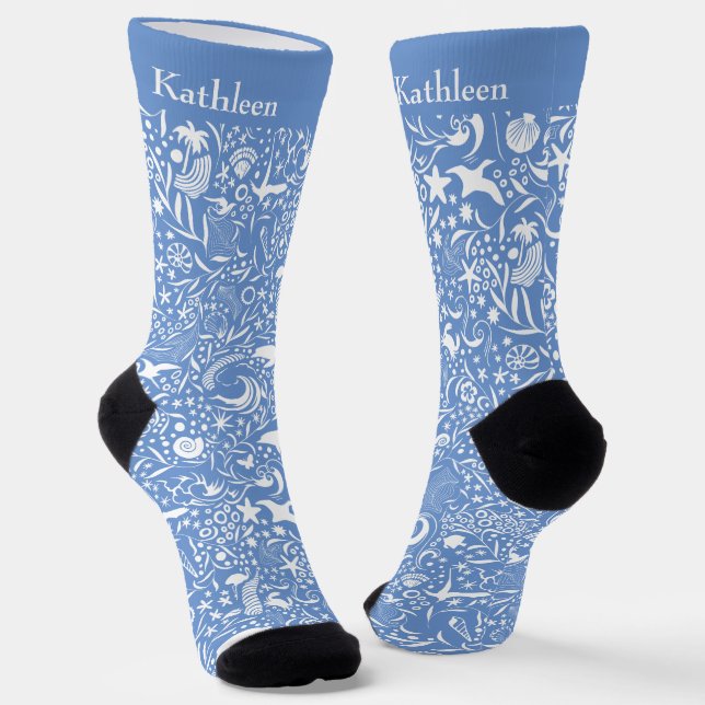 Calcetines Monograma azul Añadir su nombre Patrón oceánico (Angular)