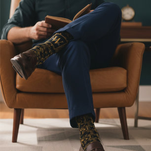 Calcetines Monograma con patrón floral de damasco negro y dor