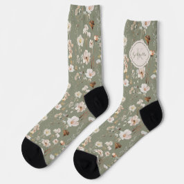 Calcetines Monograma de flor silvestre verde sage personaliza