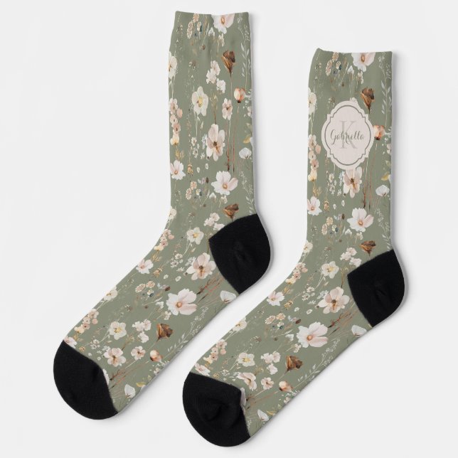 Calcetines Monograma de flor silvestre verde sage personaliza (Izquierda)