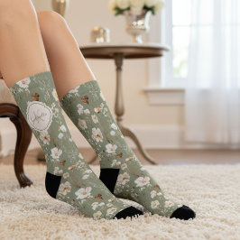 Calcetines Monograma de flor silvestre verde sage personaliza