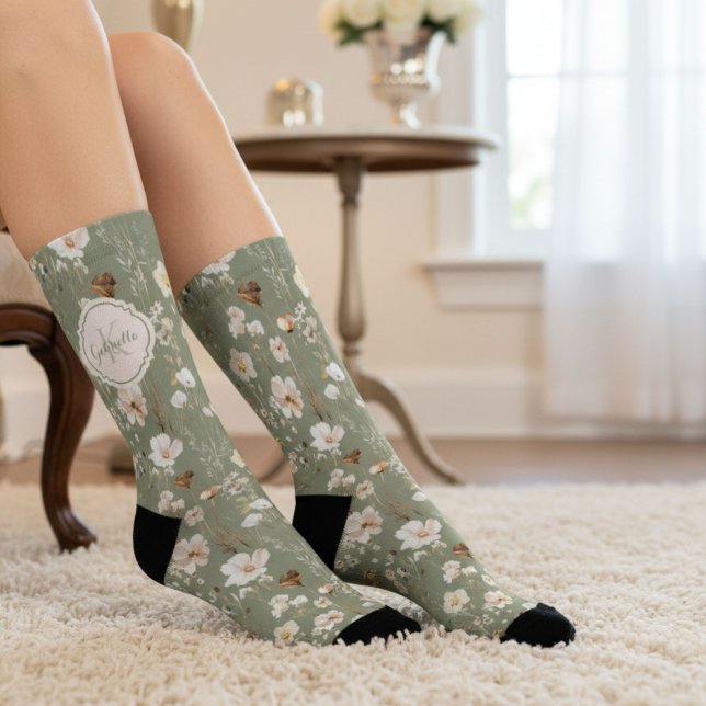 Calcetines Monograma de flor silvestre verde sage personaliza (Subido por el creador)
