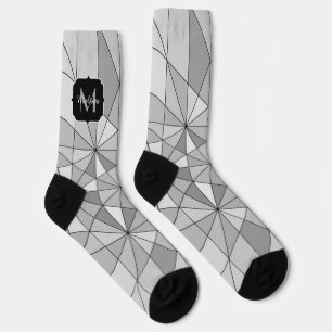 Calcetines Monograma de mosaico triángulo patrón gris negro b