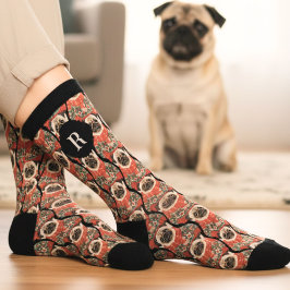 Calcetines Monograma de Perro Pug Retro Acuarela
