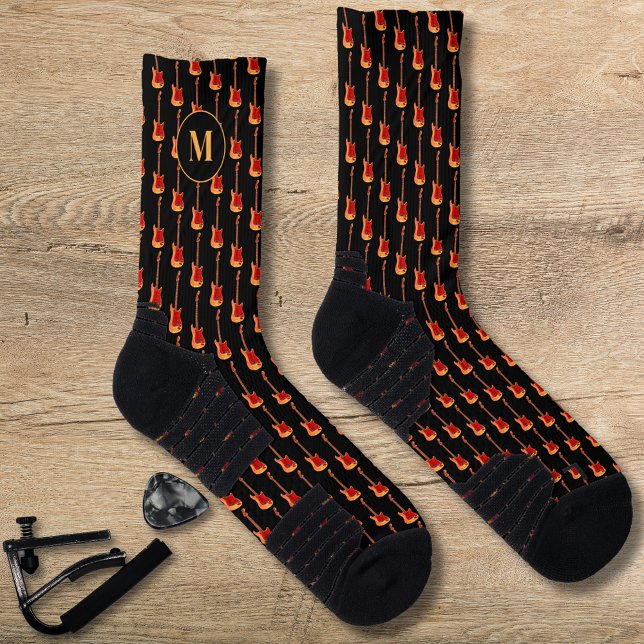 Calcetines Monograma del patrón de guitarra eléctrica (Electric guitar pattern monogram black socks for Father’s Day rockstar guitarist musician dad)
