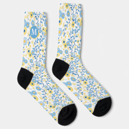 Calcetines Monograma del patrón floral amarillo azul de Cornf