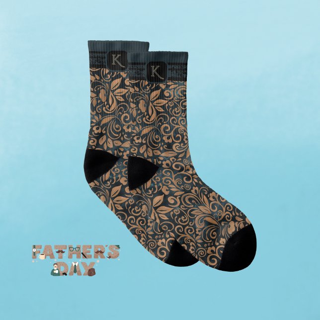 Calcetines Monograma floral elegante Verde azulado y dorado (Elegant Teal & gold Floral Monogram Socks)