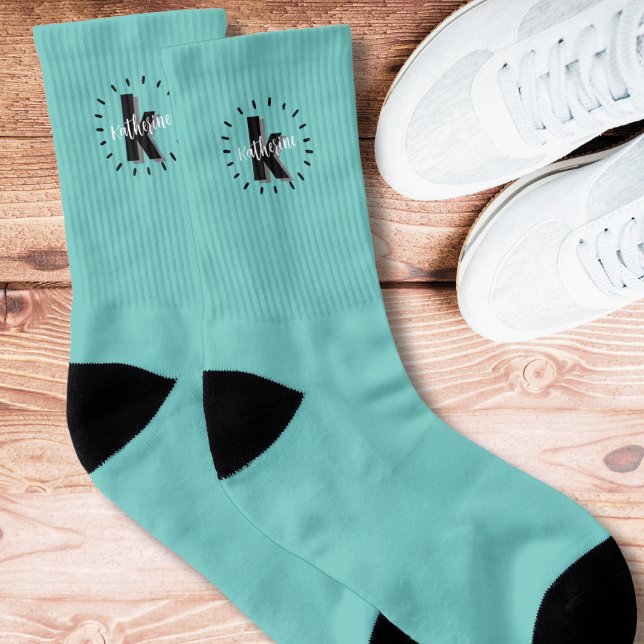 Calcetines Monograma Inicial Simple Lindo (Cute Simple Teal Turquoise Initial Monogrammed Socks)