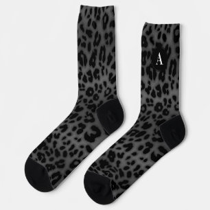 Calcetines Monograma Patrón inicial de leopardo gris Impresió