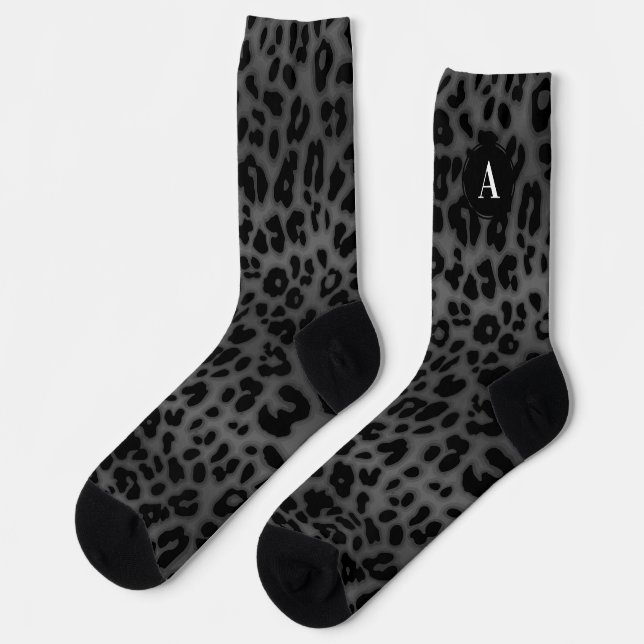 Calcetines Monograma Patrón inicial de leopardo gris Impresió (Izquierda)